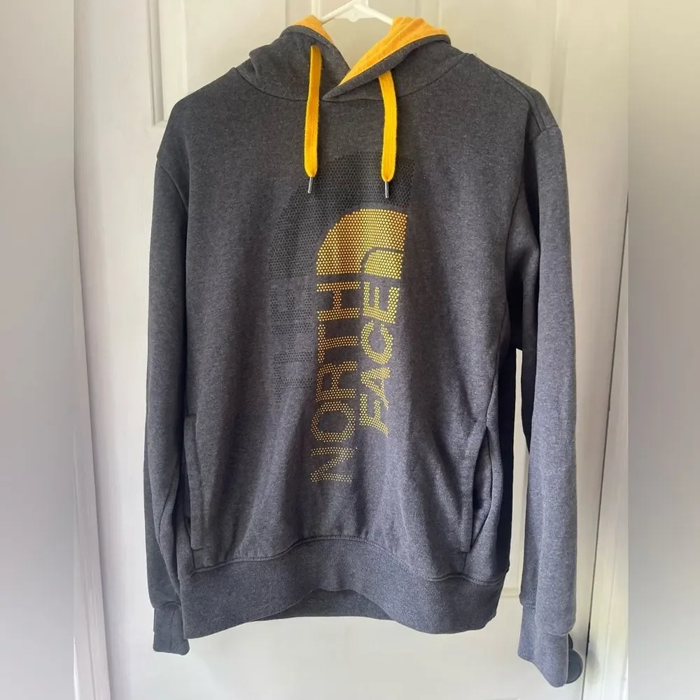 North Face Hoodie Sweatshirt Mens M Gray Yellow Graphics Drawstring Outdoor